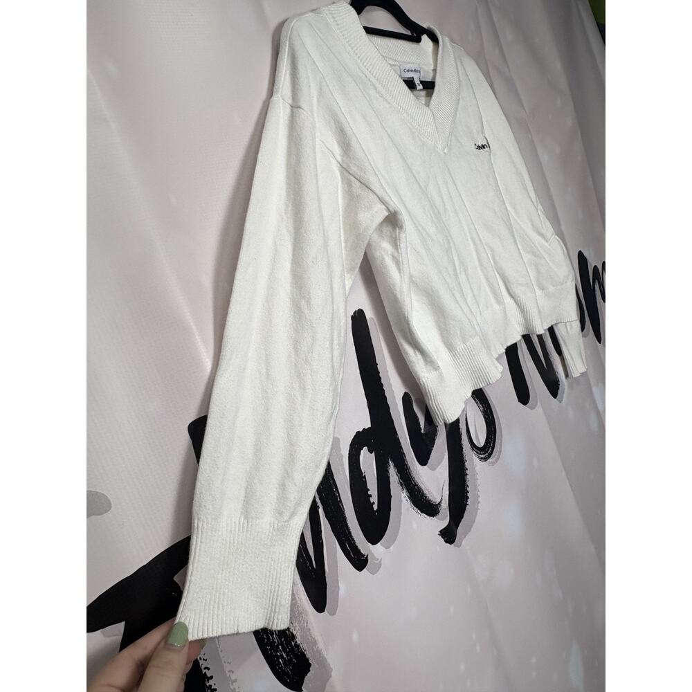 Calvin Klein‎ V-Neck Cropped Sweater White Medium Preppy - Picture 7 of 8